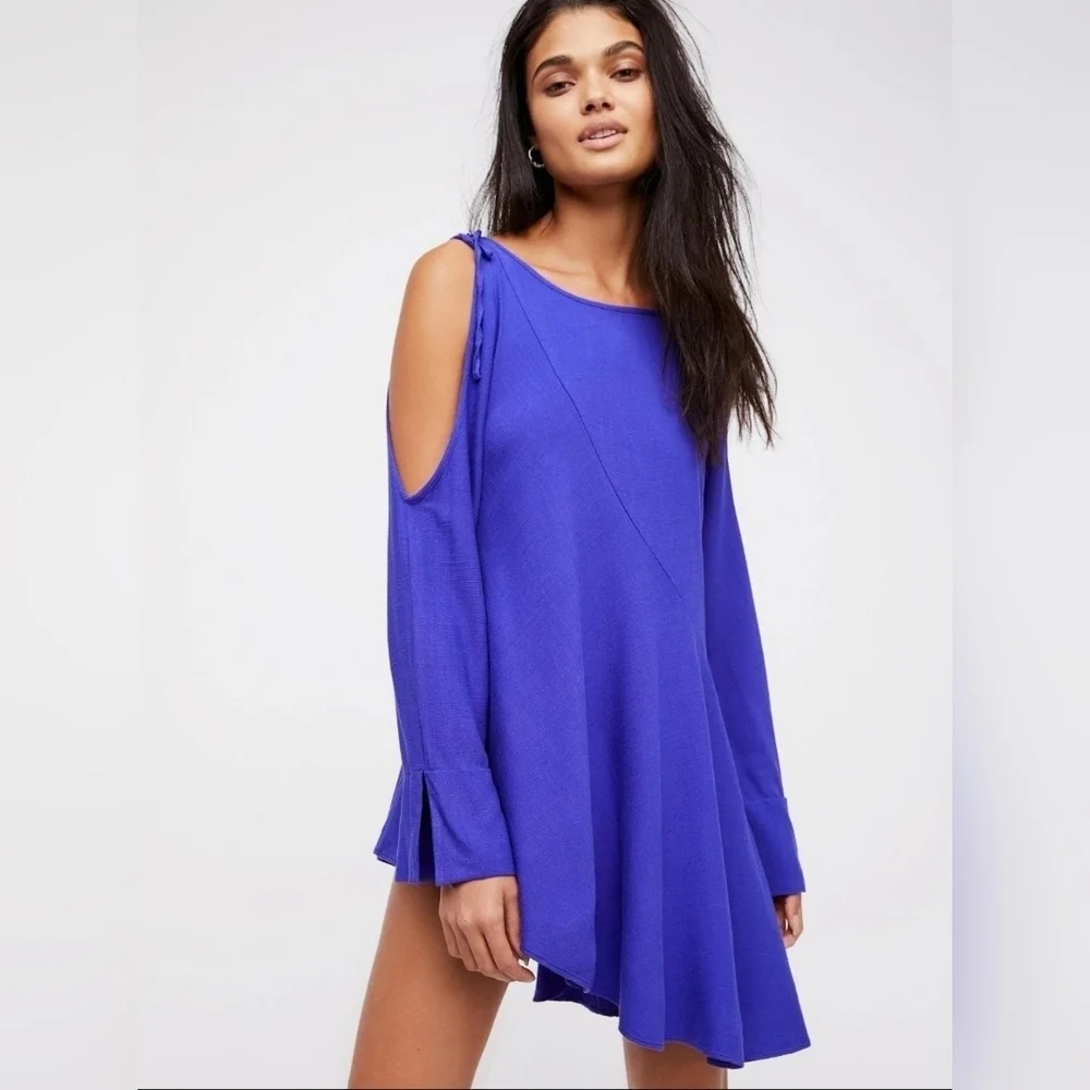 Free People Vibrant Purple Asimetric Long Sleeve Dress Sz L GENTLE USED